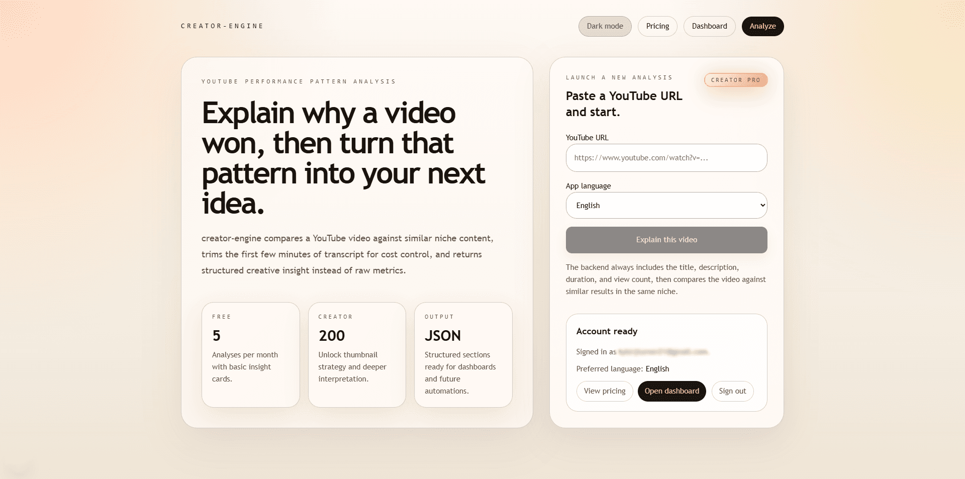 creator-engine homepage showing the video input and account-ready state